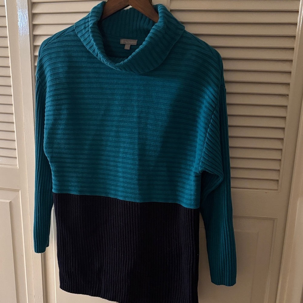 Talbots Teal and Black Ribbed Cowl Neck Sweater